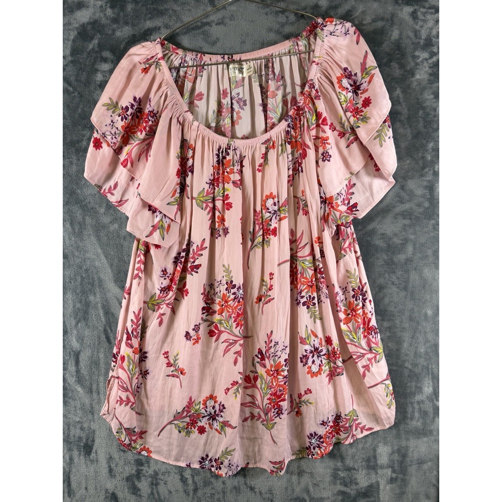 Women's Pink Floral Off-Shoulder Blouse Ruffle Pleated Pullover 3/4 Sleeve